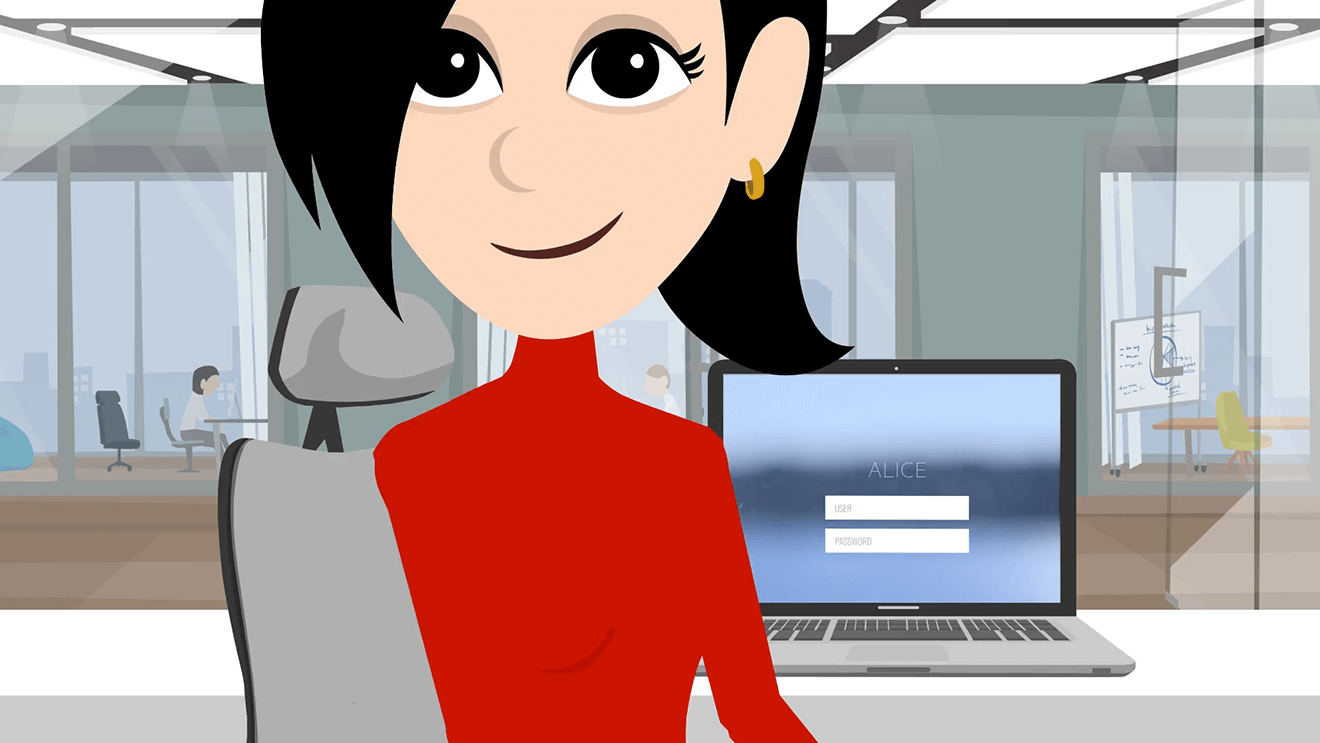 eLearning Trainerin Alice im Büro. Sie sitzt am Schreibtisch, trägt einen Zopf und einen roten Rollkragenpullover.