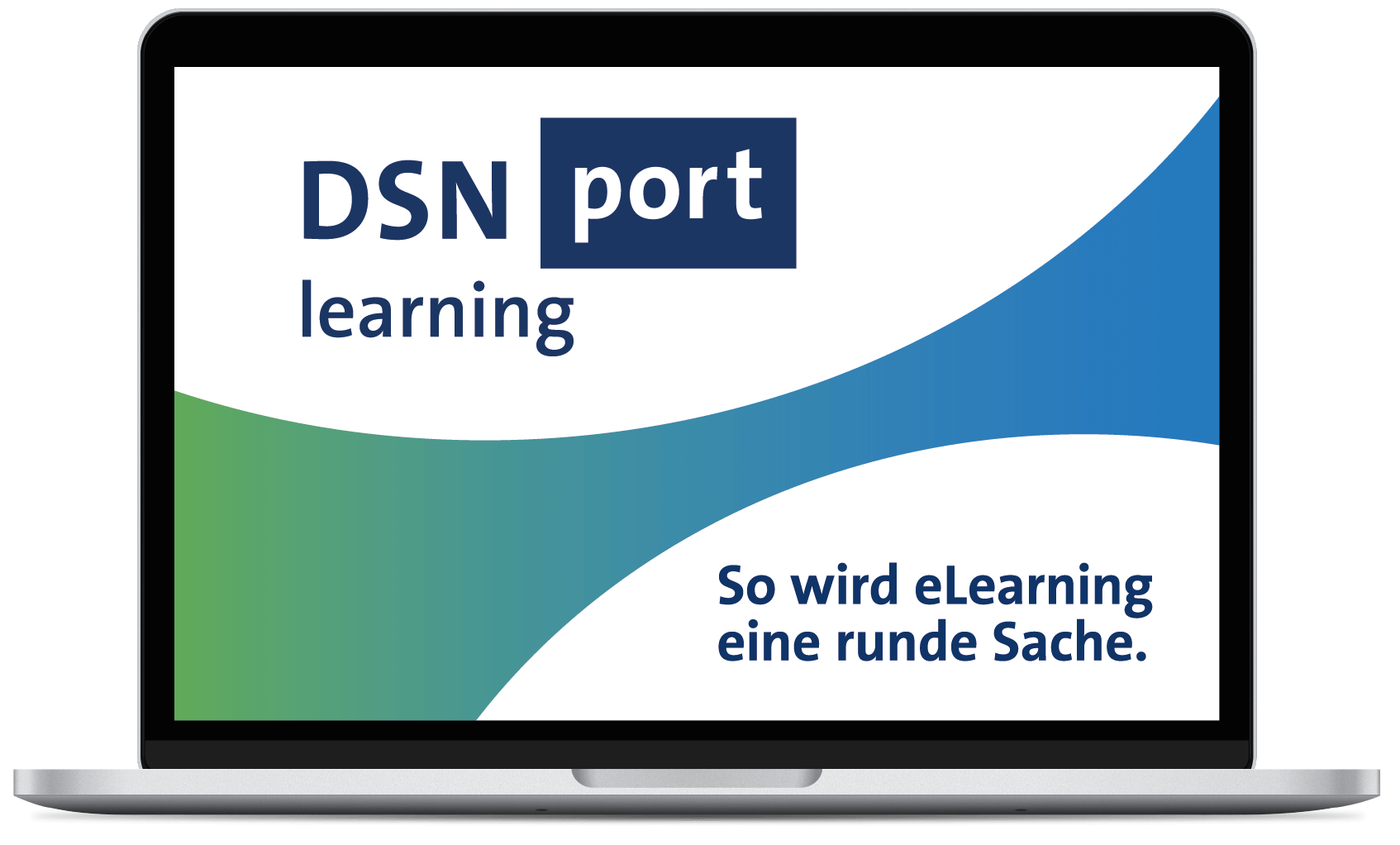 Laptop mit dem Schriftzug DSN port learning. So wird eLearning eine runde Sache.